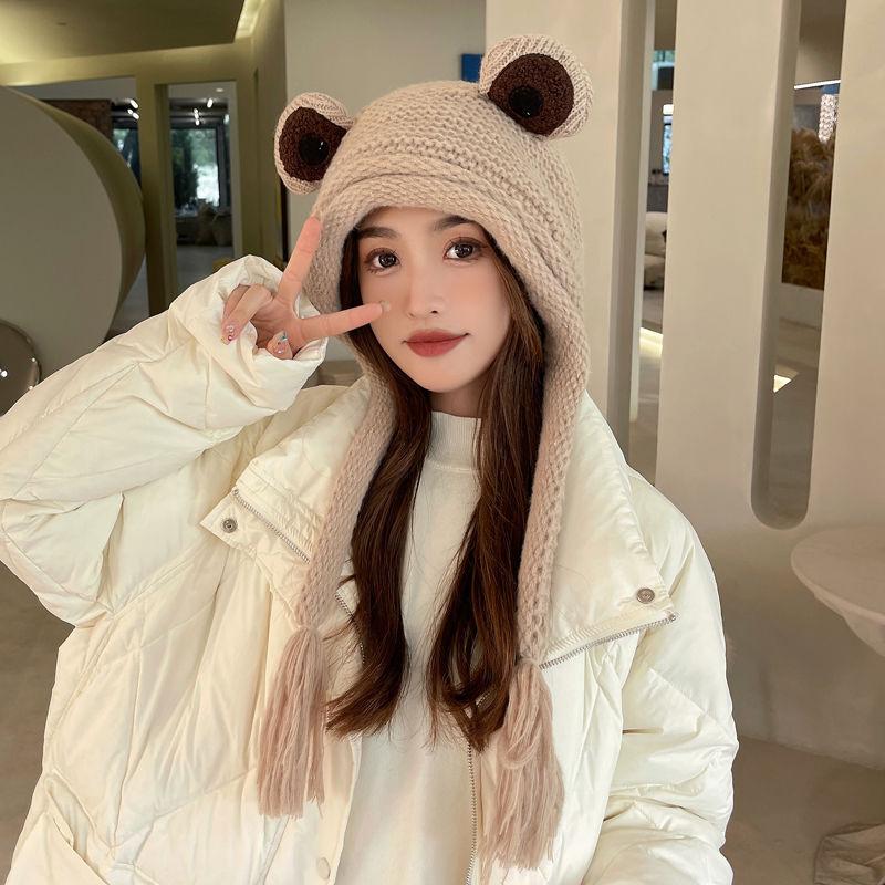 Froschmütze, Damen Strickmütze Winterwärme Quaste Winter Ohrenschutz Zehenkappe Grüne Wollmütze