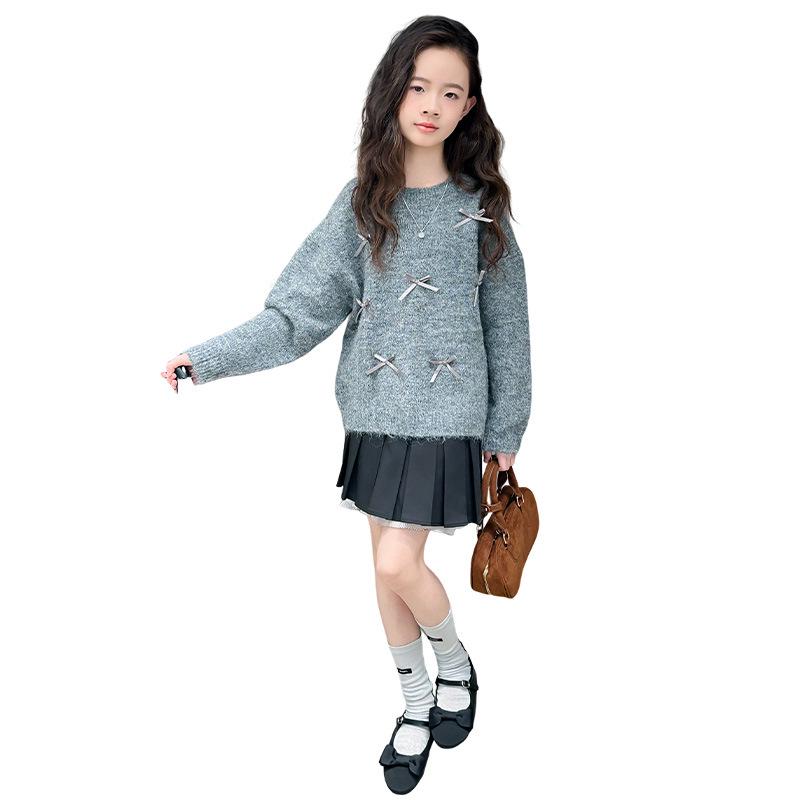 2025 Girls' Fashion: Round Neck Wool Sweater for Autumn/Winter - Medium & Large Children's Knitted Style