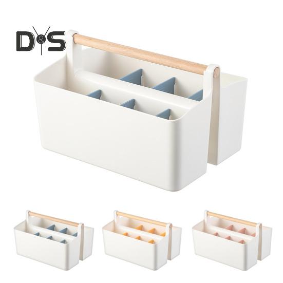 Desktop Plastic Caddy with Wooden Handle Art Supply Organizer Bin with Adjustable Dividers Makeup Basket Storage Tote for Colored Pencils Brushes