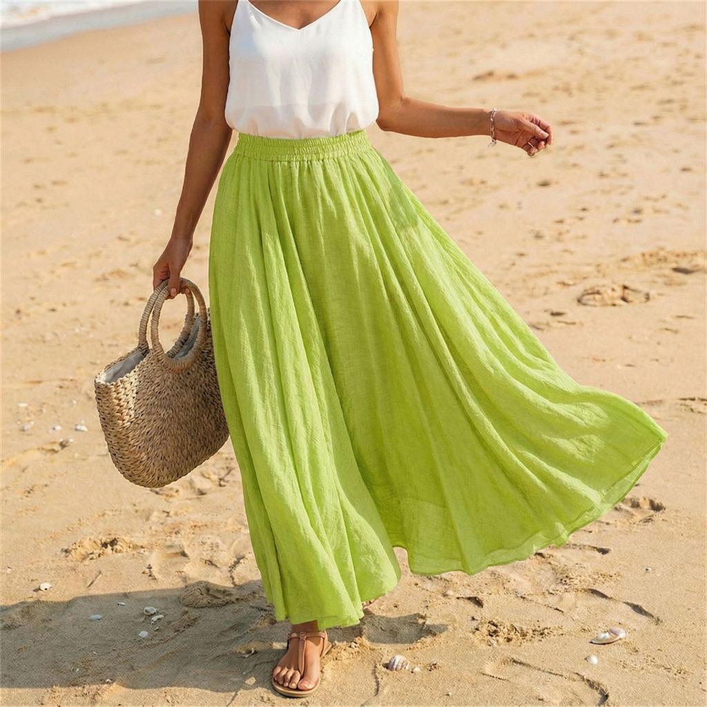 Women Casual Holiday Solid Cotton Linen Long Skirt A Line Beach Midi Skirt Elastic Waist Lightweight Flowing Design