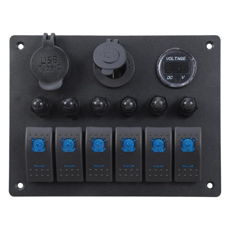 Waterproof 6 Gang Switches Panel with Digital Voltmeter Marine Vehicle Switches