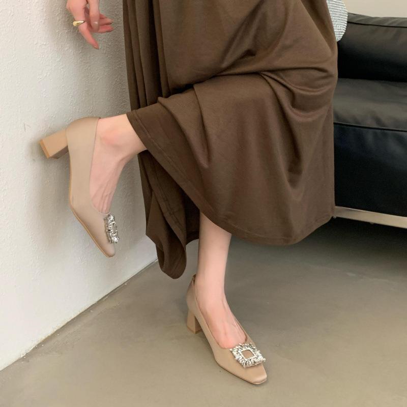 French Thick Heel High-end Rhinestone Shallow Mouth Single Shoes Women's Shoes 2025 New Square Head Temperament Celebrity High Heels Women