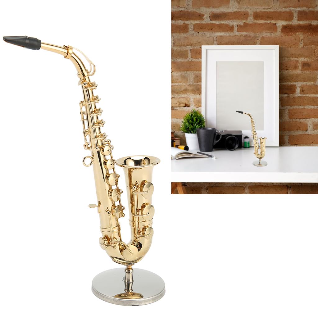 Mini Alto Saxophone Ornament Decoration Handmade Miniature Saxophone with Stand Tiny Alto Saxophone Dollhouse 16cm