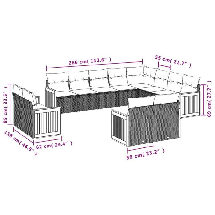 VidaXL Salon de Jardin avec Coussins 13 pcs, Canapés de Terrasse, Ensemble de Meubles de Patio, Mobilier d'Extérieur, Noir 3228197