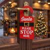 Front Door Decoration Christmas Hanger Sign with Santa Please Stop Here Text, Wooden Home Welcome Claus Belt Hanging for Holiday Party Decor