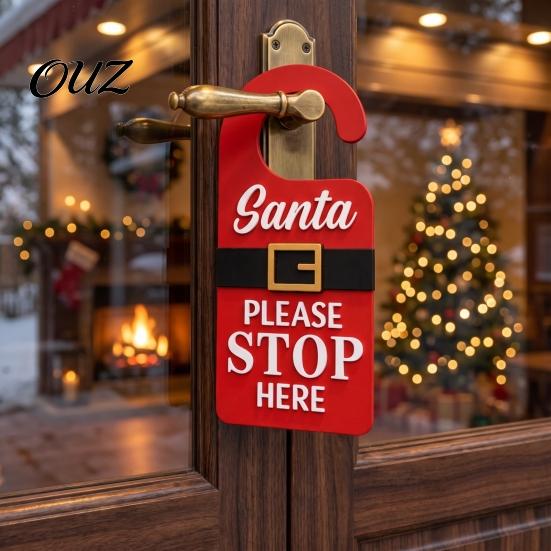 Front Door Decoration Christmas Hanger Sign with Santa Please Stop Here Text, Wooden Home Welcome Claus Belt Hanging for Holiday Party Decor