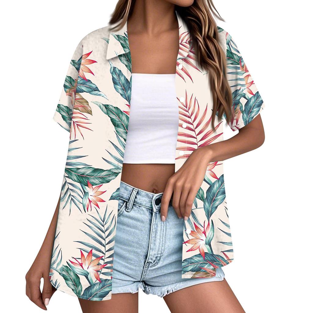 Moda Donna Casual Hawaiana Stampata Manica Corta Abbottonata con Risvolto Blusa Top