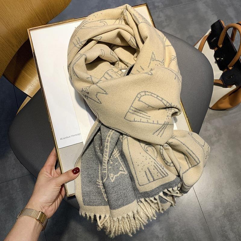 New Thick Tassel Scarf for Women Cat Print Imitation Cashmere Shawl Sun Protection Autumn and Winter Windproof Scarf