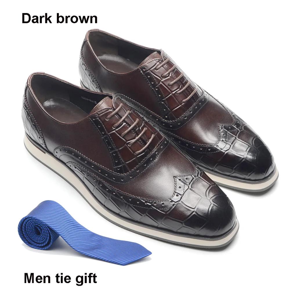 Fashion British Style Men's Flat Sneakers Genuine Cow Leather Wingtip Toe Brogue Oxfords Alligator Print Casual Dress Shoes Male