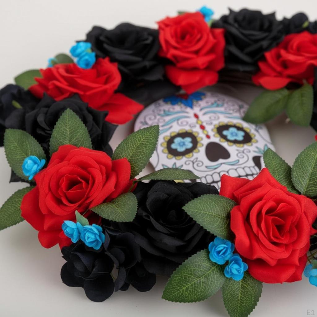 Skull Wreath Halloween with Wooden Plaque Gothic Wall Hanging for Day of the Dead, Entryway