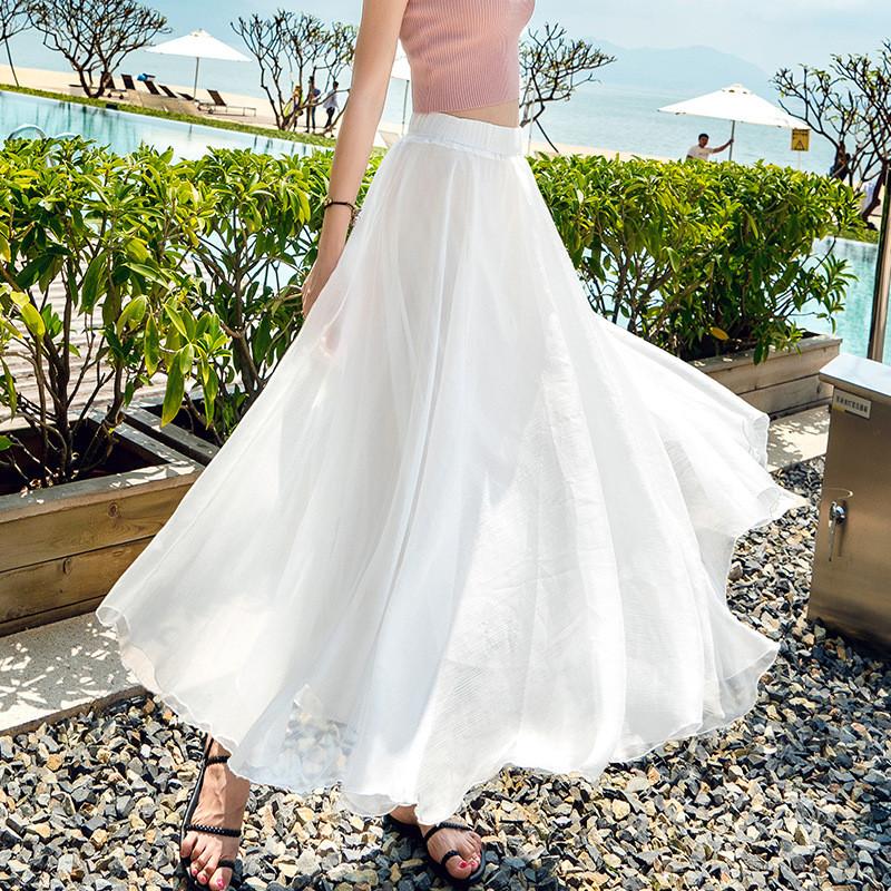 Qooth Chiffon Pleated Long Skirt High Waisted Full Swing Maxi Skirt Korean Style QT1616 One Size