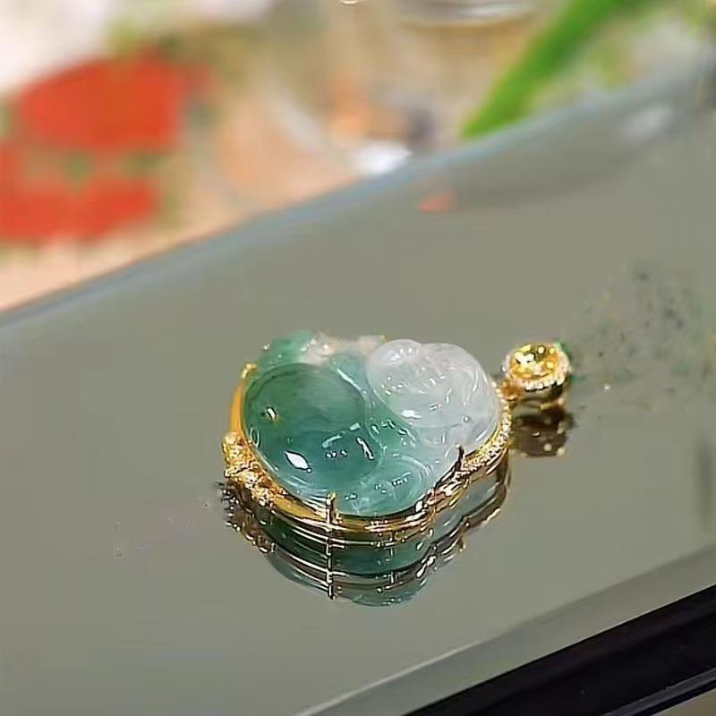 Versatile Imitation Jade Laughing Buddha Pendant Necklace - High-End Luxury Women's Bamboo Clavicle Necklace