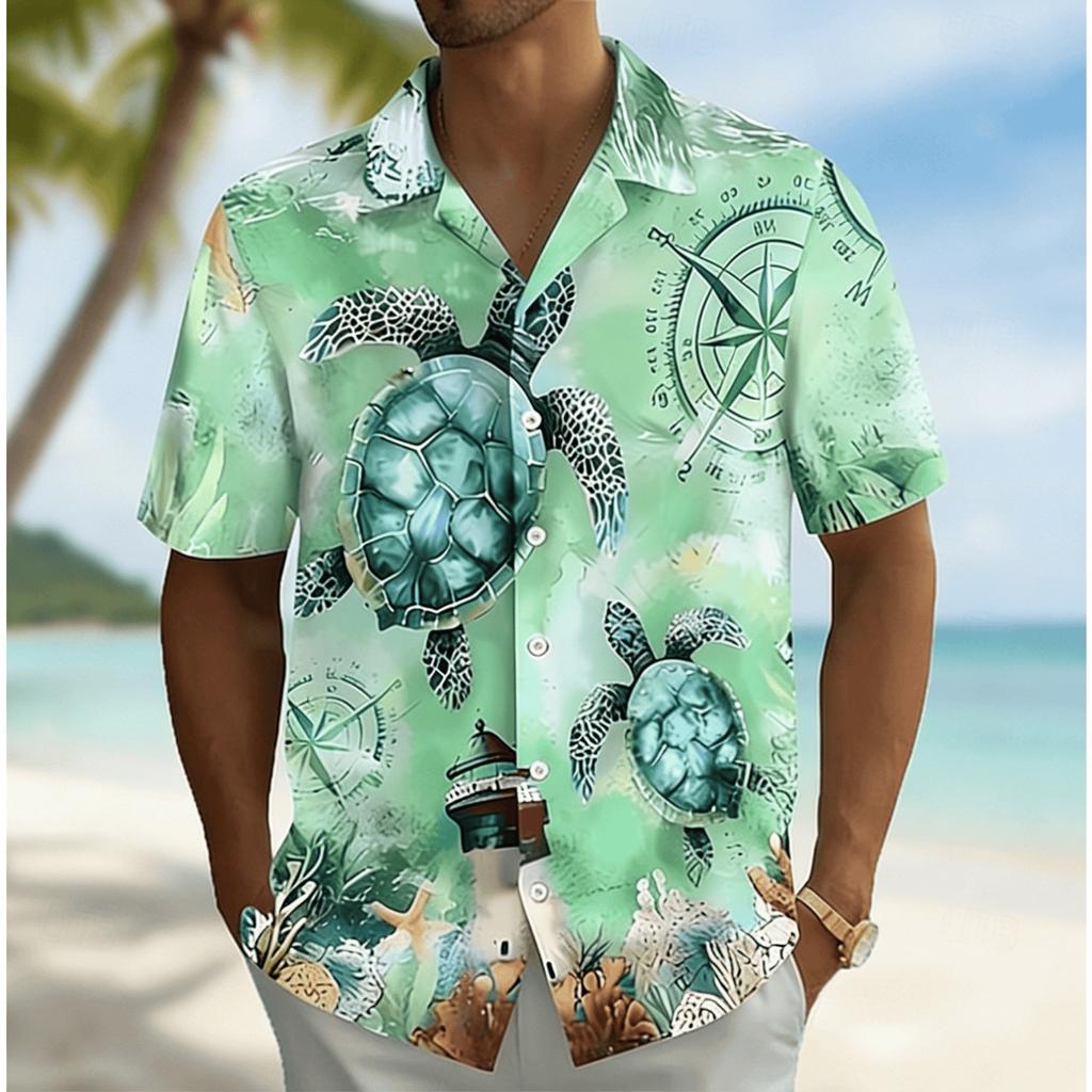 Men's Ocean Turtle Compass Lighthouse Print Short Sleeve Shirt, Summer Nautical Hawaiian Vacation Blouse