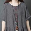 Women's Linen Blend Midi Dress Round Neck Short Sleeve Loose Pleated Waist Vintage Casual Long Dress