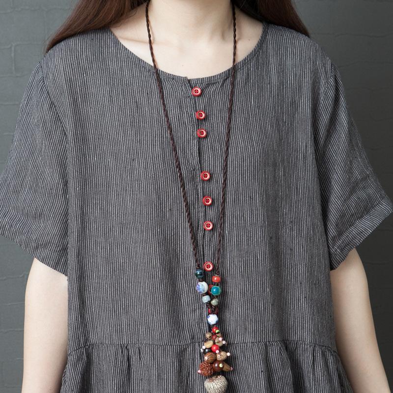 Women's Linen Blend Midi Dress Round Neck Short Sleeve Loose Pleated Waist Vintage Casual Long Dress