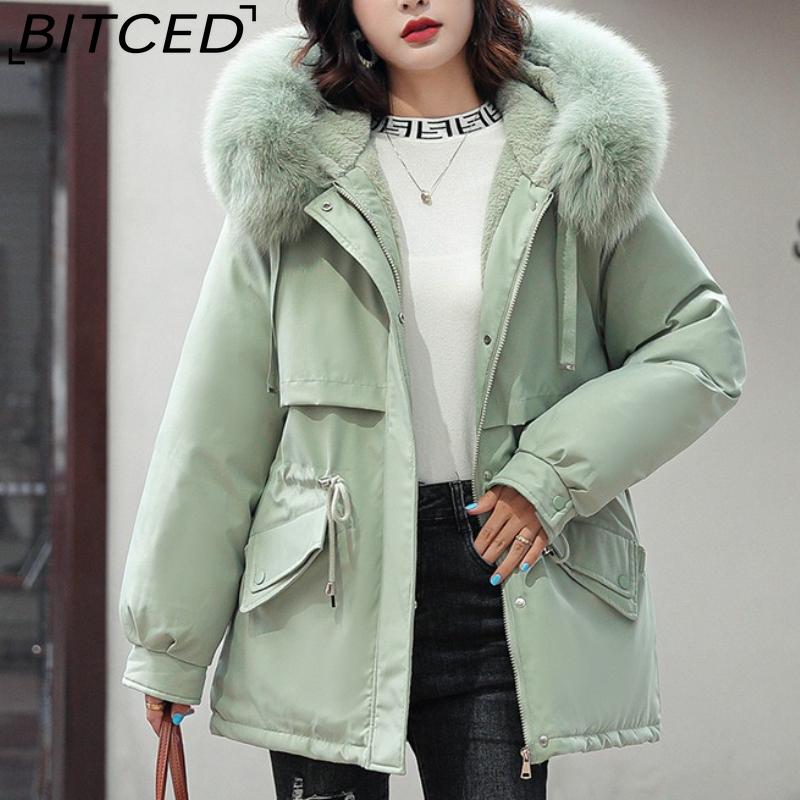 BITCED Women's Mid-Length Drawstring Cotton Coat with Fleece Lining Loose-Fit Puffer Jacket with Down-Fill Cotton Padding Winter Outerwear