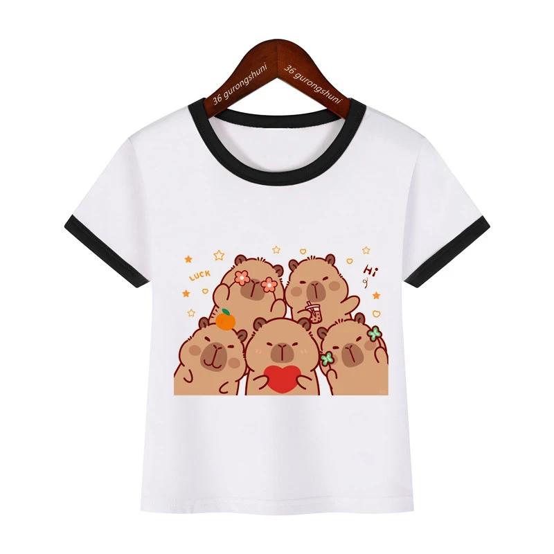 Cute Capybara Staring At You Showing LoveT Shirt Capy Lover Cartoon Print Gift Girls Boys Short Sleeve Casual Kids Clothes Top