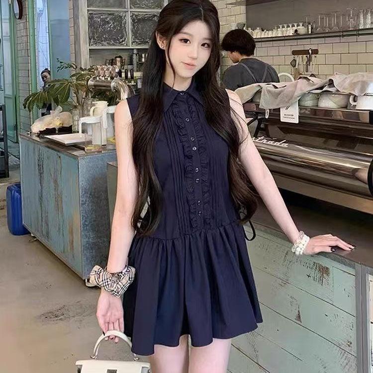 Korean college style waist thin shirt dress women's summer new navy blue sleeveless vest short skirt