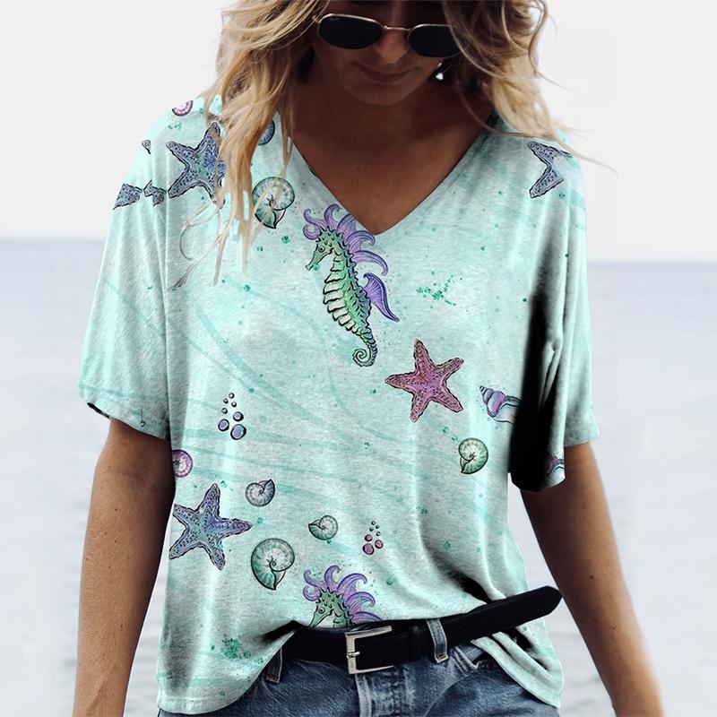 Jellyfish Conch 3D Print T Shirt Summer Women V-Neck Casual T Shirts Streetwear Y2k Tops Harajuku Oversized Woman Tees Clothing