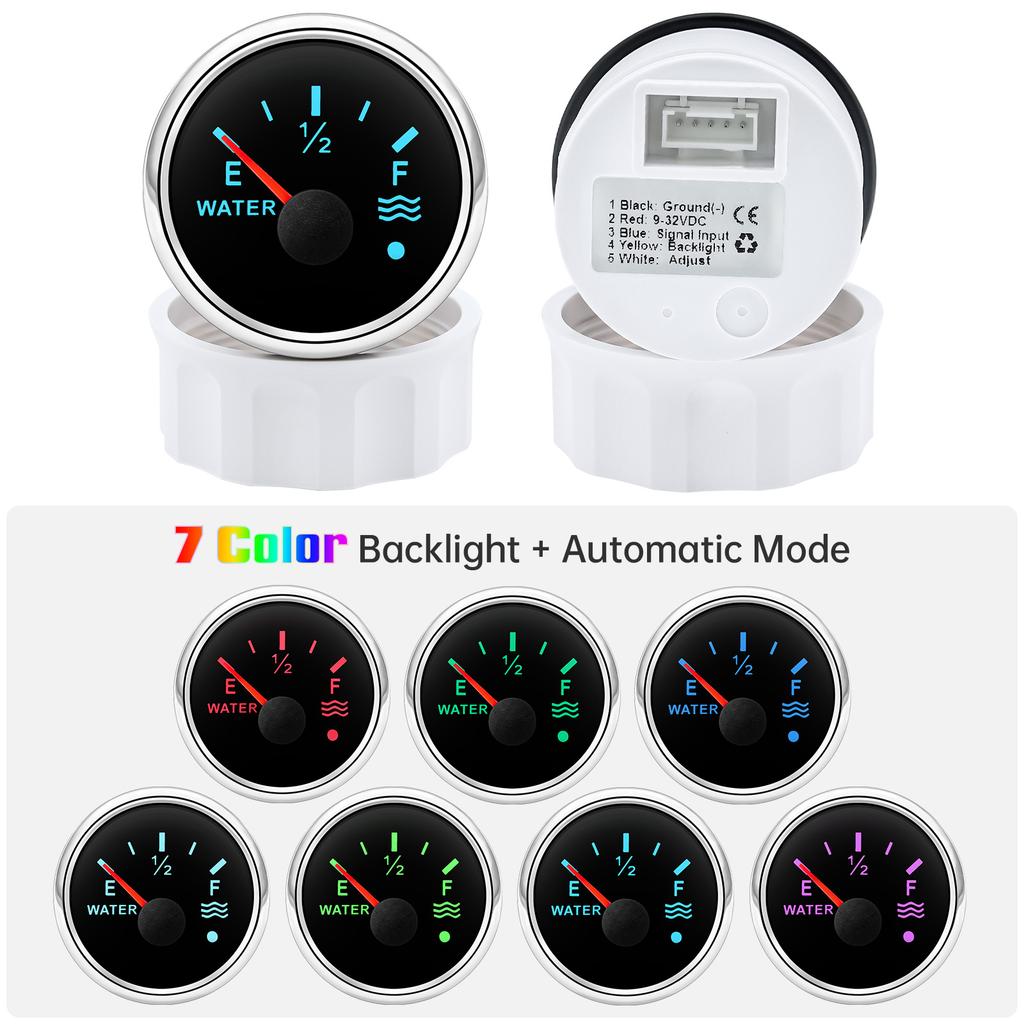 7 Colors Backlight 52mm Voltmeter Fuel Level Water Level Oil Temp Gauge With Warning Light Universal For 12V 24V Boat Car Marine