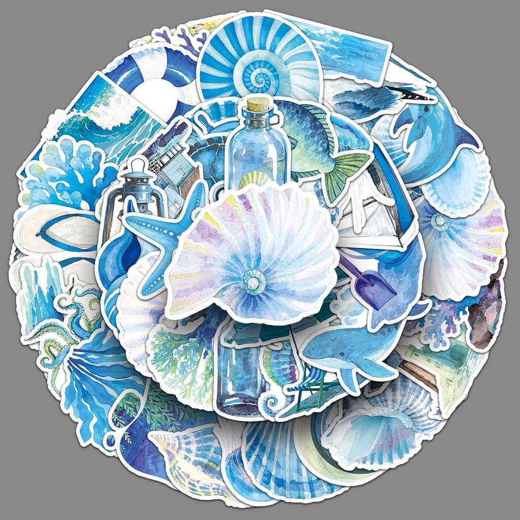 50 Blue Ocean Graffiti Stickers Cartoon Small Fresh Hand-painted Watercolor Decorative Water Cup Mobile Suitcase Stickers