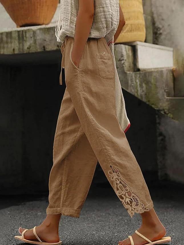 Autumn Lace Patchwork High-Waist Drawstring Cropped Casual Pants with Pockets 2025