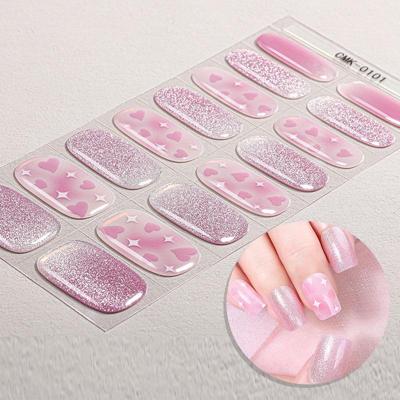 16Tips French Gel Nail Strips Long Lasting Full Cover Glitter Baking-Free Gel Nail Stickers DIY Manicure Decoration