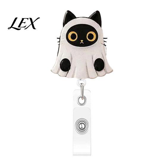 Portable Badge Reel for Backpacks Halloween Black Cat Pumpkin Reel, Retractable with 360 Degree Rotating Clip, Durable Key Chain Acrylic Decorative ID
