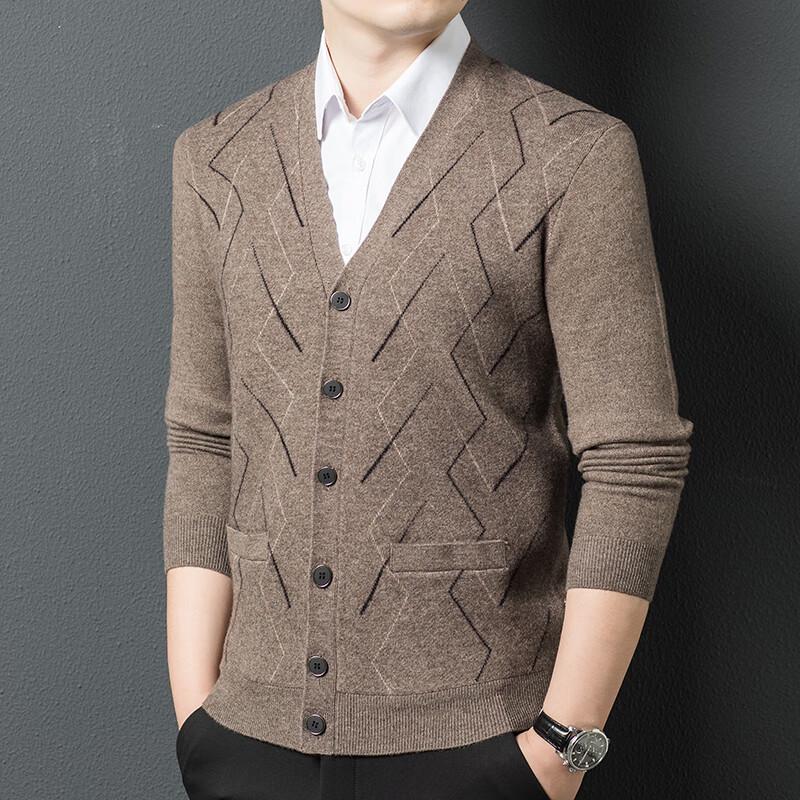Yiliteng Men's V-Neck Pure Wool Cardigan Sweater