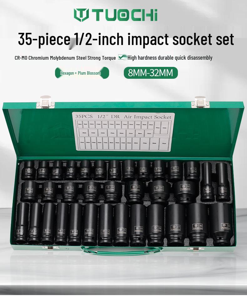 35-Piece 1/2\" Extended Hex Pneumatic Air Wrench Set with Torx Socket Heads (8-32mm) in Iron Box