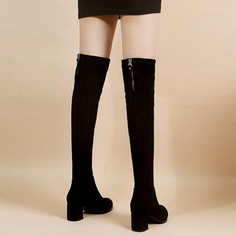 Autumn Faux Suede Women Heels Zipper Elastic Knee High Boots Women Tube Lace-up Thigh Gigh Boots Black Botas Mujer Female