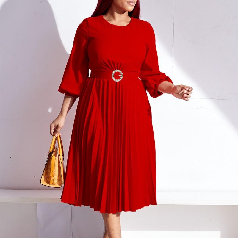 

Women s Pure Color Pleated Loose Waist Round Collar African Dress XXXL