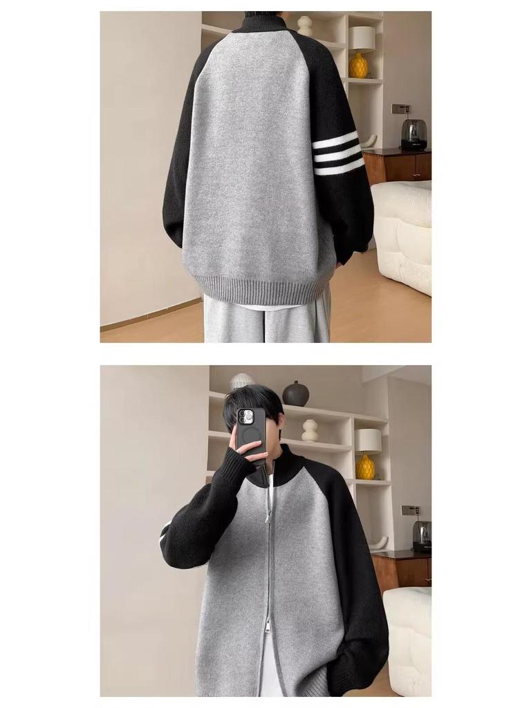 Unisex Lässiger Retro-Cardigan mit V-Ausschnitt, Doppelreißverschluss und drei Streifen