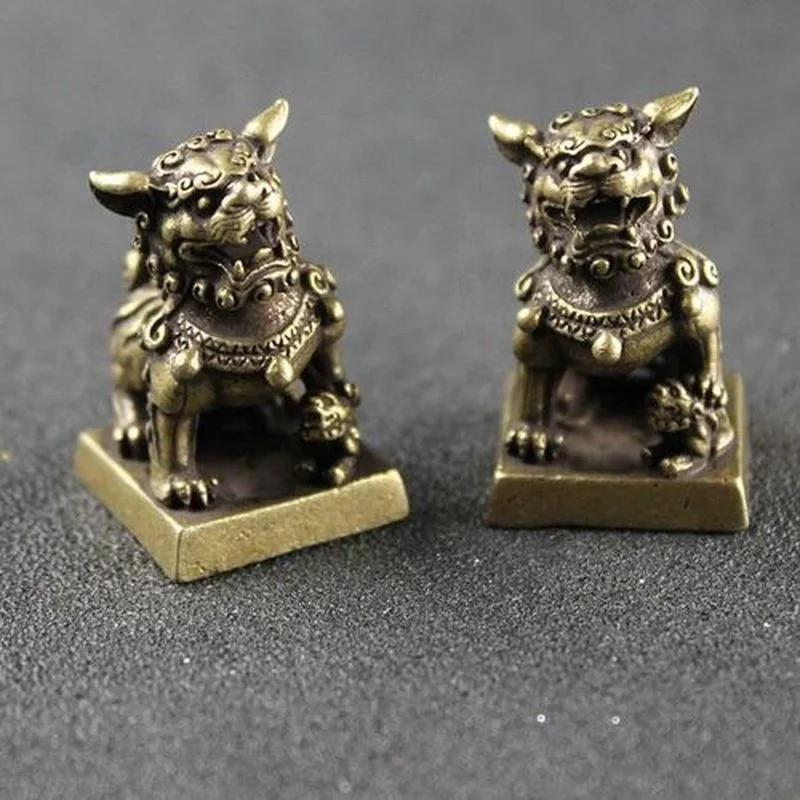 Old Brass Solid Lion Lucky Fortune Seal Desktop Decoration Auspicious Keychain Pendant(1PCS)