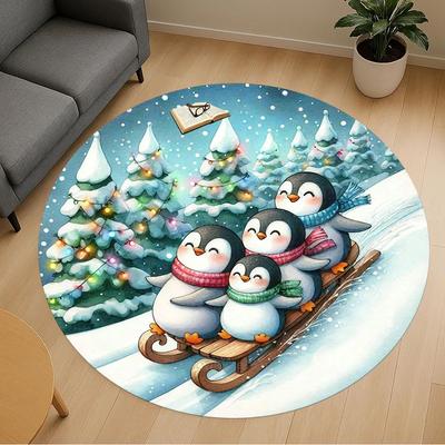1pc Penguins Snowscape Round Chair Mat Office Area Rug - Non-Slip, Floor Mat for Office, Bedroom, Ideal Home Decor Gift C0112095