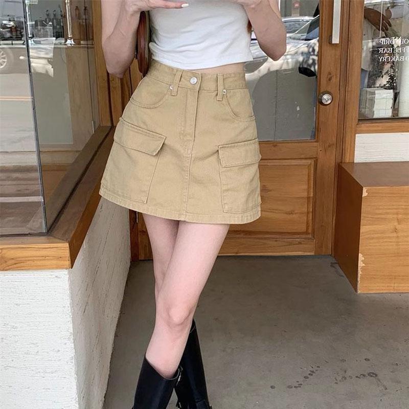 Retro Workwear Denim Skirt Women Summer High Waist Loose A-line American Hot Girl Short Skirt Ins Trendy