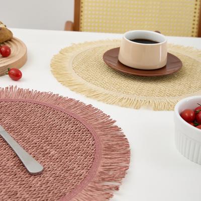 Handwoven Paper Placemat Round Heat-Resistant Table Mats with Tassel Edge Absorbent Elegant Home & Restaurant Dining Decor