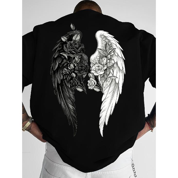 Streetwear-Style Black And White Rose Wings Angel Demon Print American Street Fashion T-Shirt