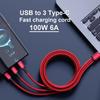 100W 3 in 1 USB to 3×Type-C Cable Phones Fast Charging Data Cable 1.2m/0.2m Extension Cord USB C PD High-Speed Data Transmission