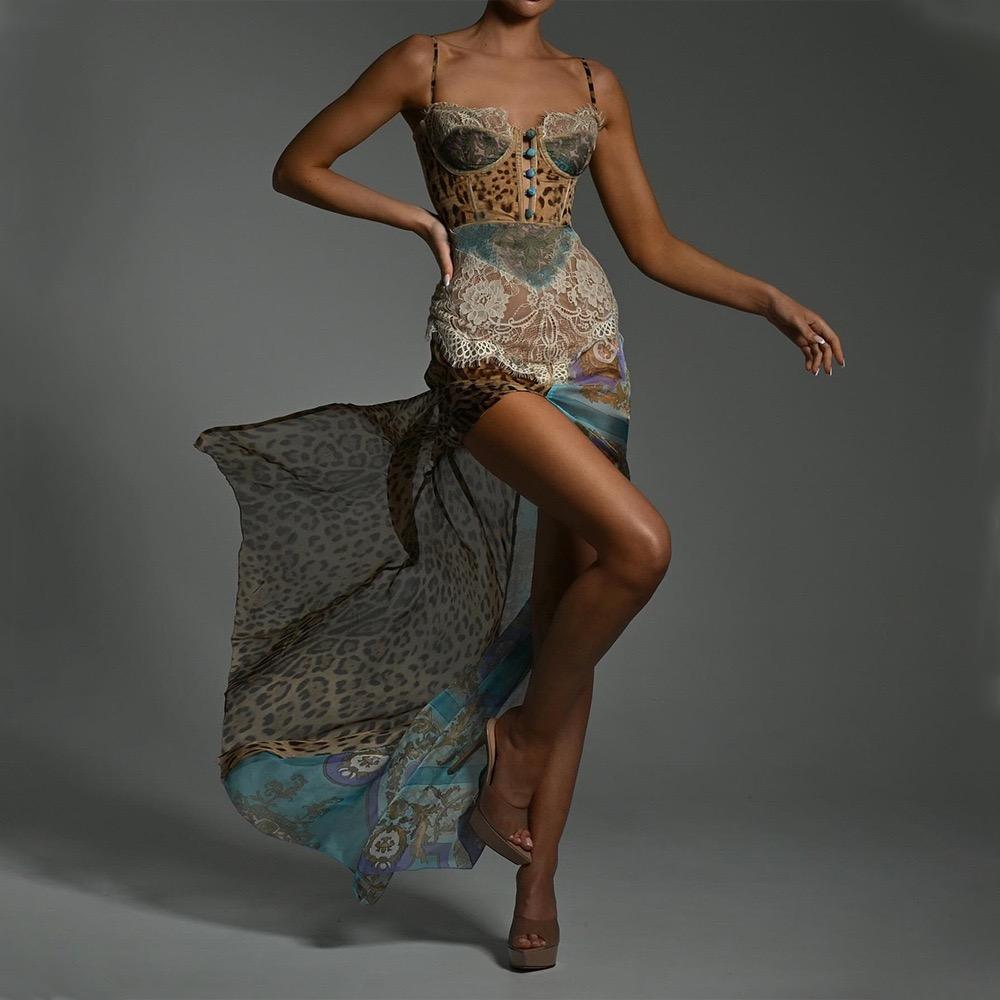 LYRIA Stampa Pizzo Spacco Sexy Maxi Abito Donna Abito Elegante Patchwork Chiffon Senza Maniche Schiena Scoperta Spiaggia Abito da Sera