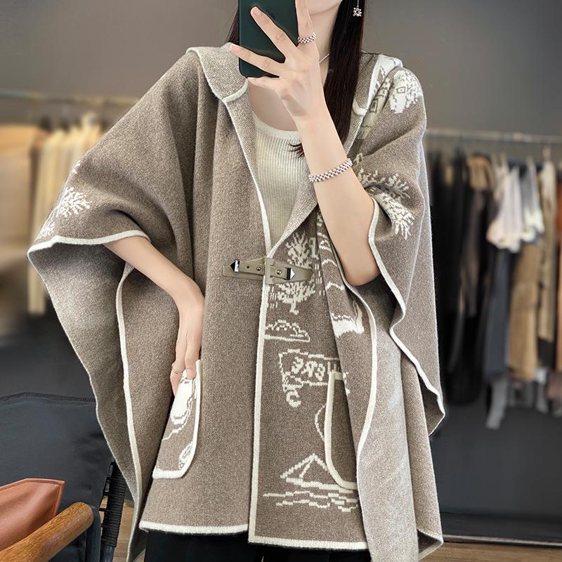 Women's Retro Wool Jacquard Hooded Cardigan Cape Shawl
