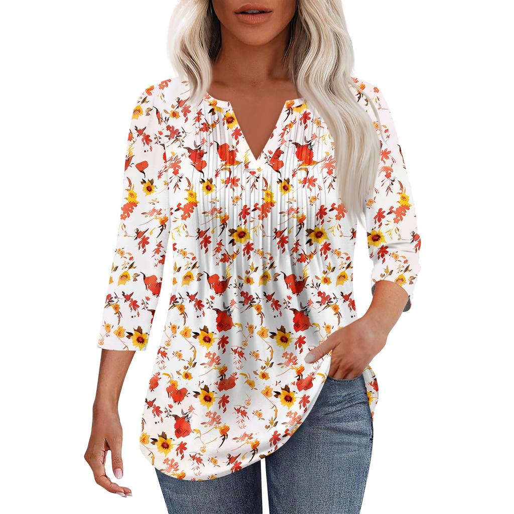 Γυναικείο μοντέρνο casual t-shirt με πλισέ λαιμόκοψη σε χρώμα V και μανίκια επτά τετάρτων