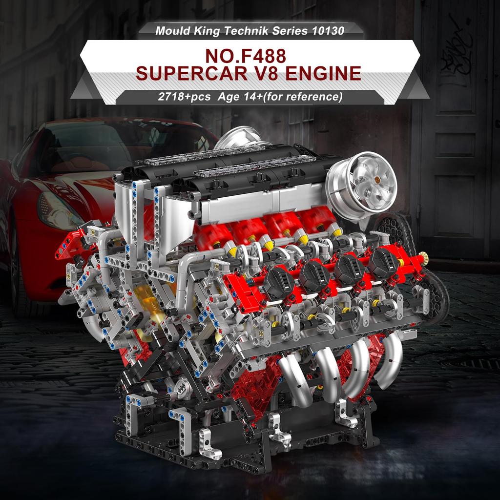 Mould King 10130 MOC Technology Inline Gasoline Engine Cylinder Liter V8 Engine Technology Clamp Block Includes Box (V8) 8-Cylinder Kit, 3.9