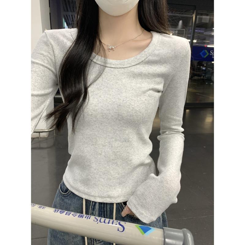 Spring shoulder Spice Girl long-sleeved bottoming shirt women's slim short top simple solid color inner shirt