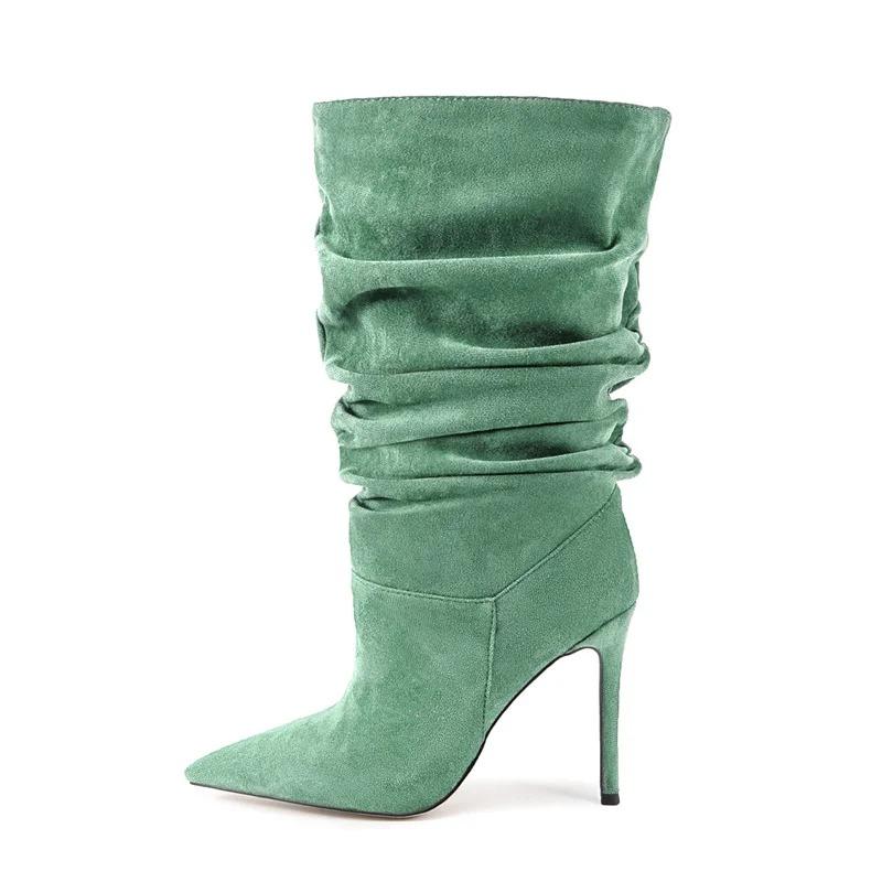 Soleist Stivali Alti da Donna con Tacco a Spillo Pieghettati Punta Affusolata 35-47 Scarpe Taglie Grandi Stivali da Donna di Media Lunghezza Autunno e Inverno