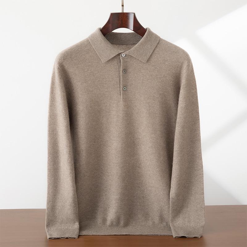Men's Cashmere Polo Collar Sweater, Solid Color Knitwear, Long Sleeve Button-Up Pullover for Autumn/Winter