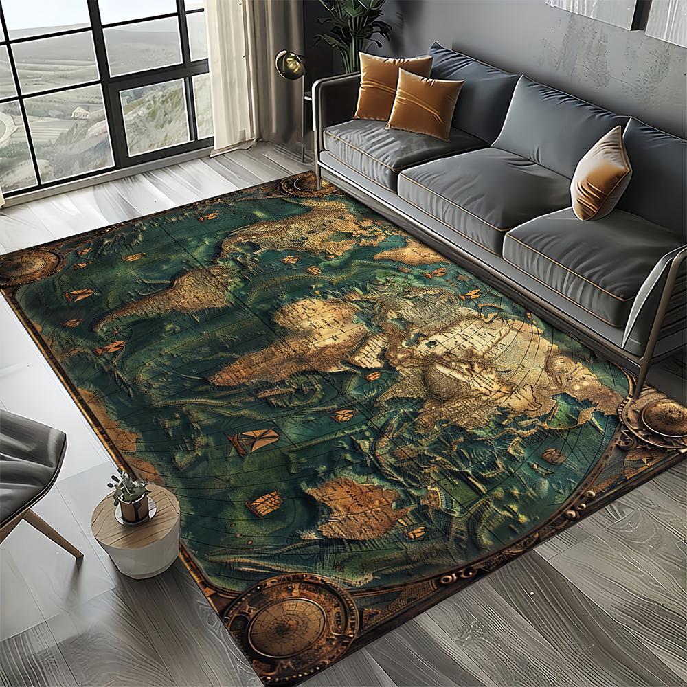 2025 New Style Retro Marine Nautical Chart Compass Carpet Rug for Home Living Room Bedroom Sofa Doormat Decor,Non-slip Floor Mat