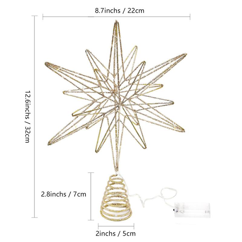 12.6 Inch Creative Christmas Star Tree Topper LED Lights Glitter Christmas Tree Decoration Warm White Lights Light Up Party Prop