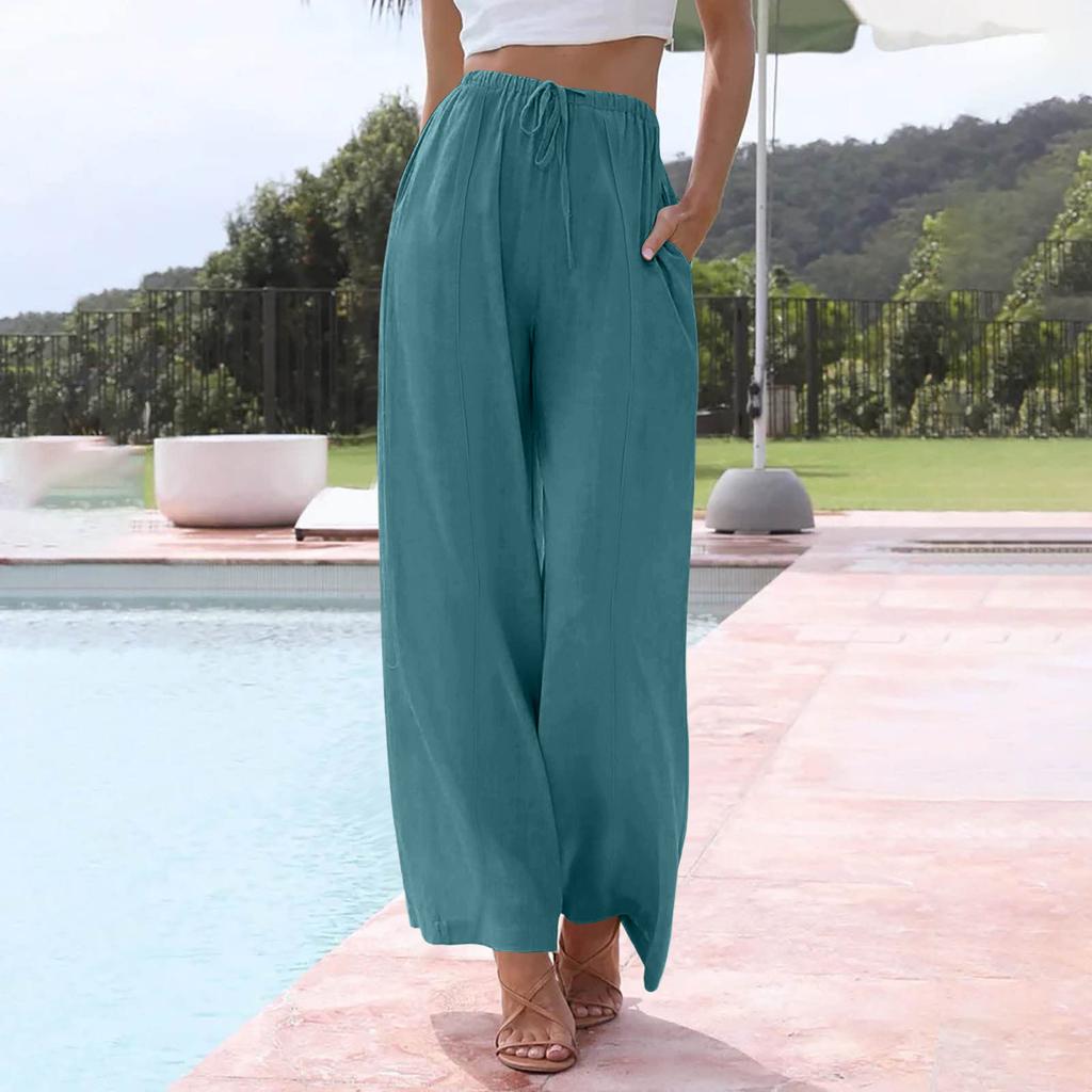 Women's Casual Relaxed Fit High-Waisted Belted Pocket Cotton-Linen Blend Trousers