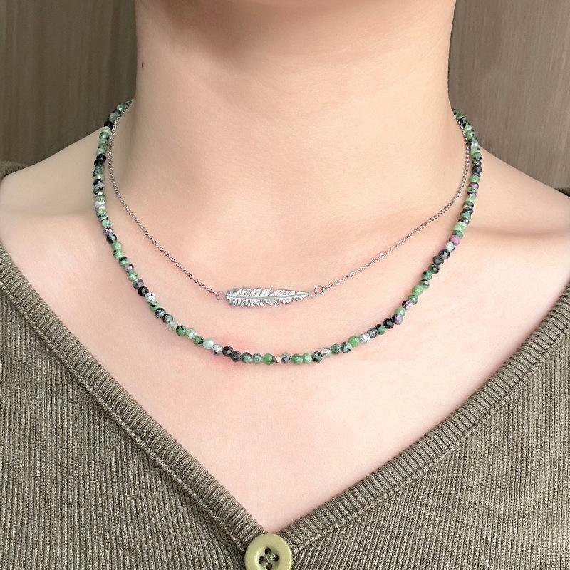 High-end Red and Green Treasure Natural Stone Beaded Women's New Double-layer Collarbone Chain